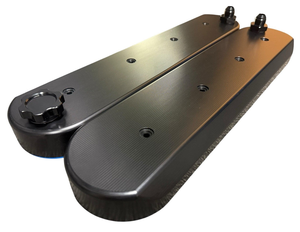 JackSpania Racing billet CNC V8 LS baffled vented valve cover with 12AN fittings, compatible with LS1, LS2, LS6, LS7, LSA, and LS9 engines