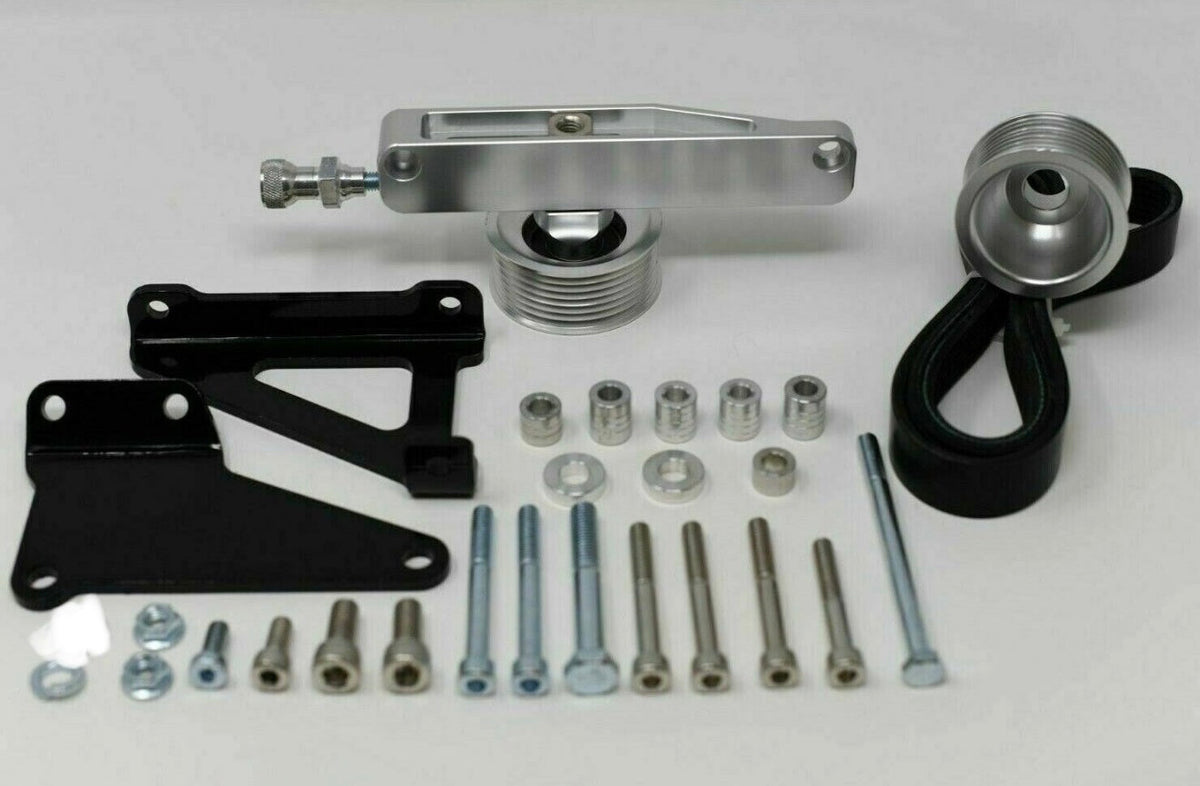 Jack Spania Racing K Series AC PS Eliminator Pulley Kit for Honda Acura K20 K24 K swap engine, showing polished pulley components.