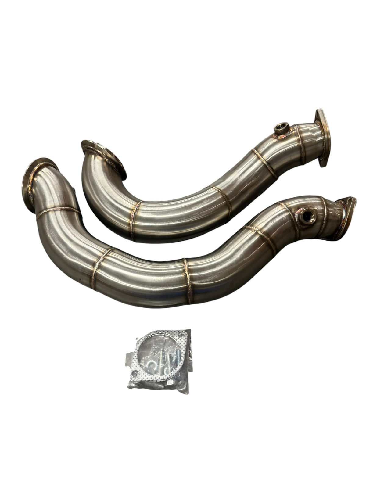 Stainless steel exhaust downpipe for BMW N54 135i 335i E90 E92, 3-inch exhaust pipe by JackSpania Racing, showing polished metal finish.