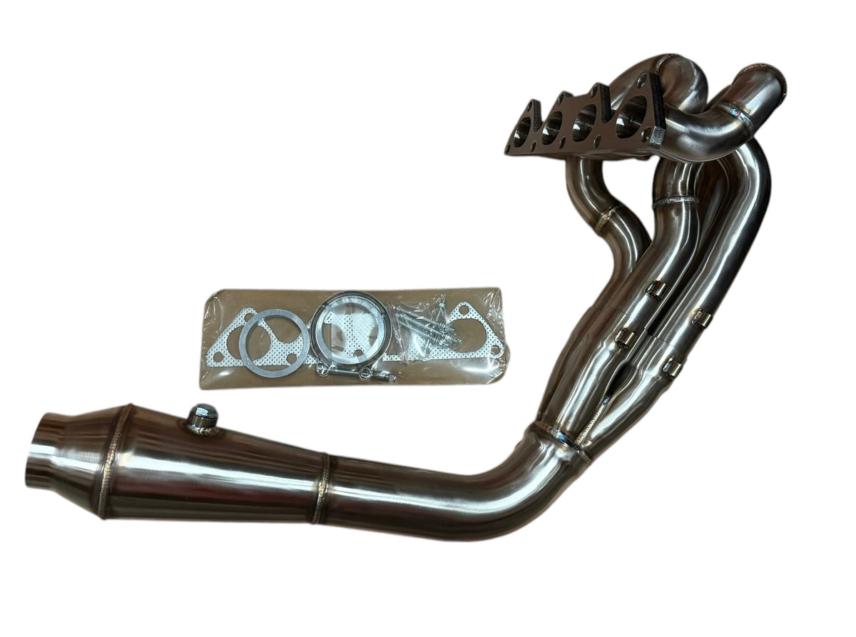 JackSpania Racing B Series 4-1 Ramhorn Megaphone Header with V-band, 3-inch diameter for B16, B18, B20 exhaust systems.