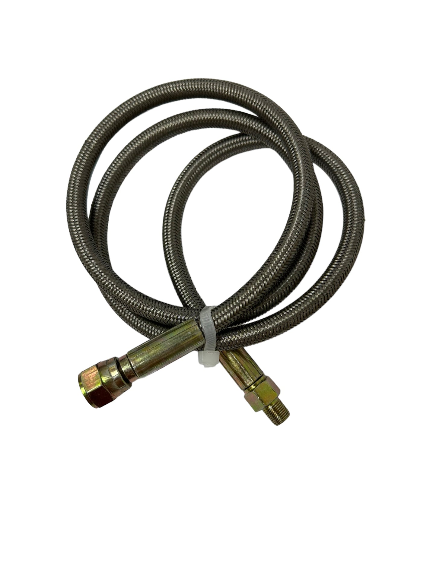 Stainless steel braided turbo oil feed line hose with 4 AN straight fitting from JackSpania Racing for engine performance.