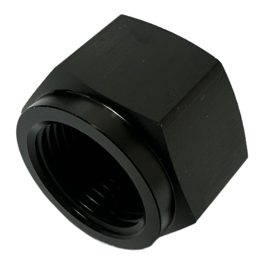 Black aluminum 10AN O-ring flare cap block for coolant, air, fuel, and oil lines, from JackSpania Racing engine parts.