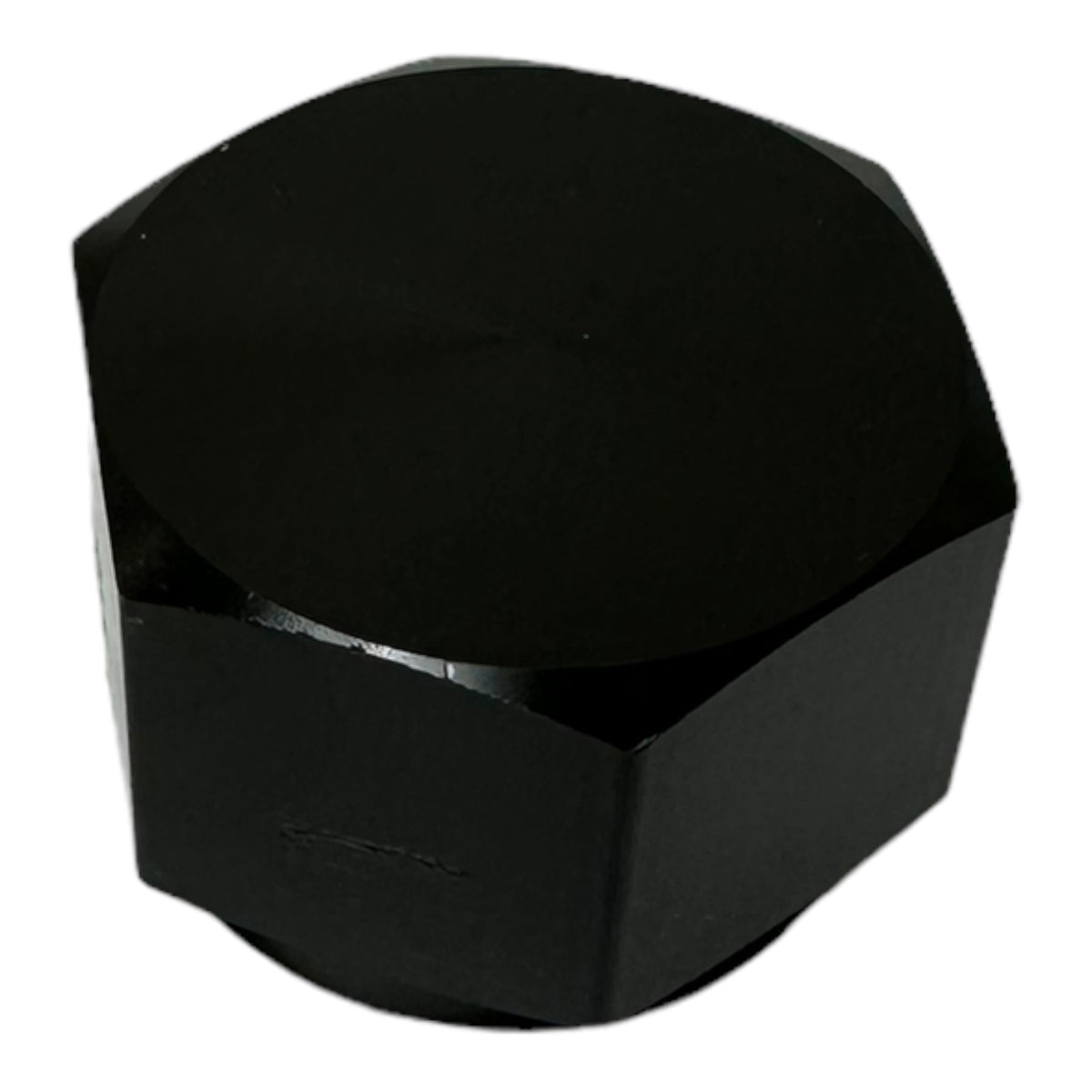 Black aluminum 10AN flare cap block for coolant, air, fuel, and oil lines, designed for engine applications by JackSpania Racing.