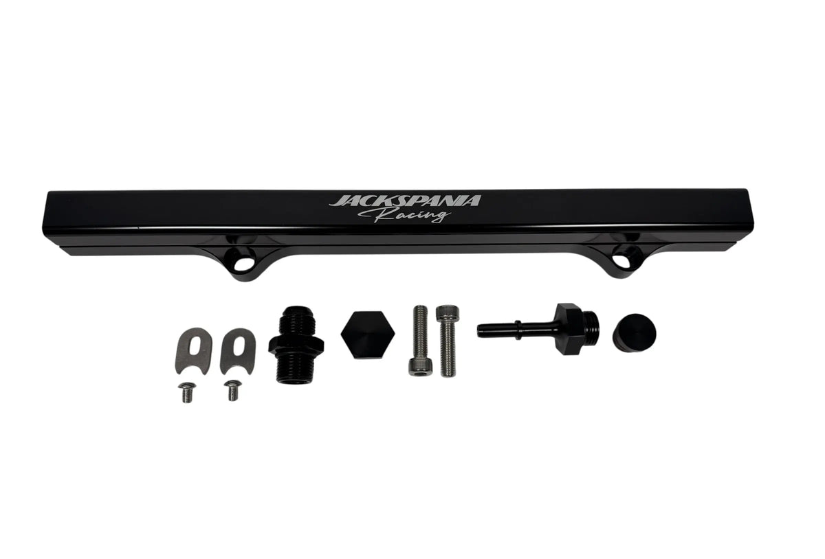 CNC billet 6AN 8AN fuel rail for Honda Acura K Swap engines, designed for high-performance fuel delivery by Jack Spania Racing