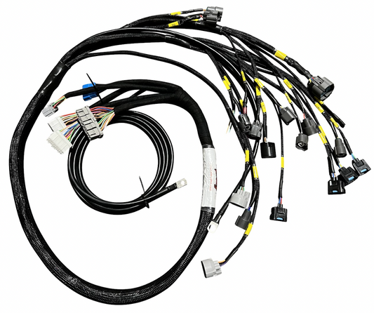 JackSpania Racing B D H F Series Tucked Engine Sub Chassis Harness for OBD2 vehicles, showing detailed wiring and connectors.