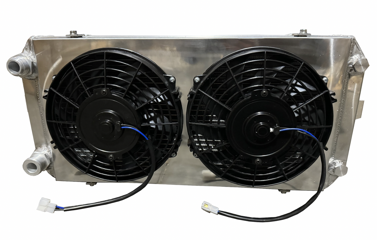 Full size XL tucked radiator for Honda Acura B and K Series engines, designed by Jack Spania Racing, with 16AN shroud for engine cooling.