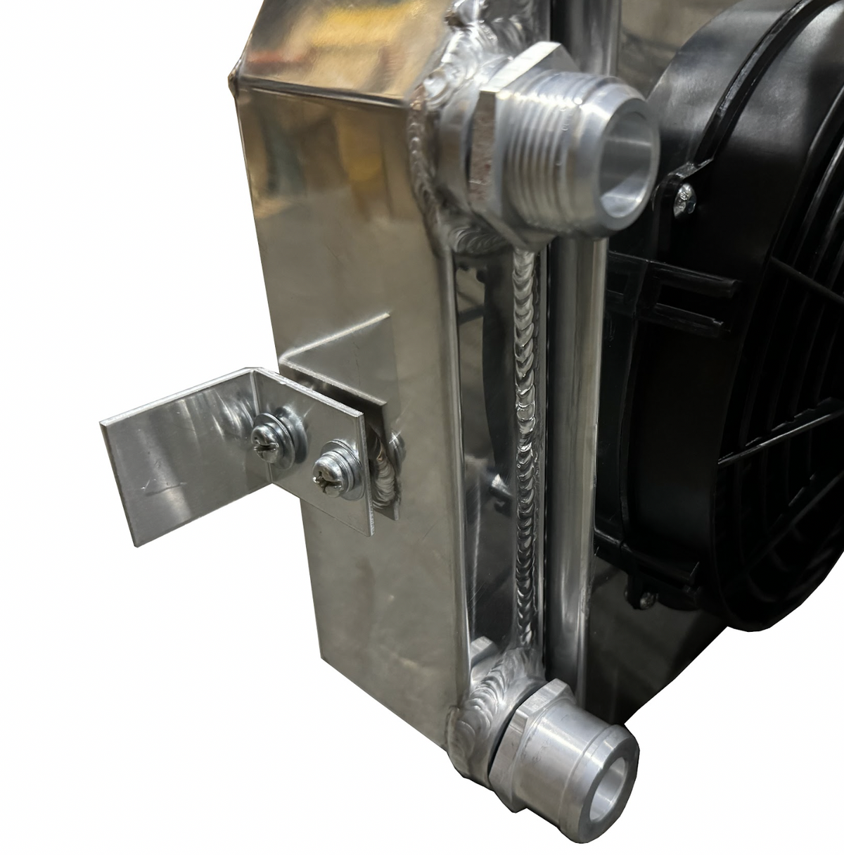 Full size tucked radiator for Honda Acura B and K series engines, by Jack Spania Racing, with 16AN shroud and engine cooling components.