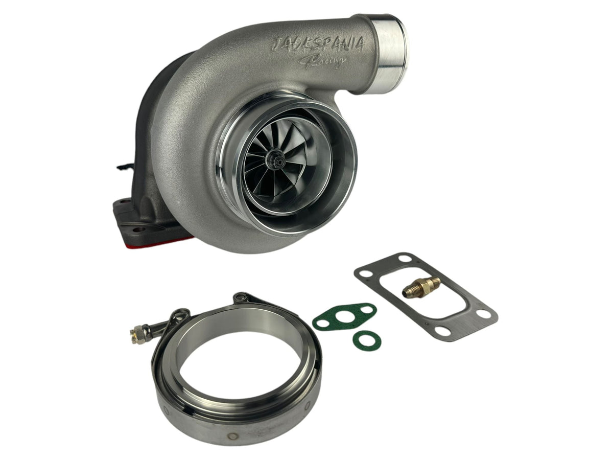 JackSpania Racing GT35 GTX3582 billet wheel turbo with T4 V-band turbine housing, .82 AR, anti-surge design for high-performance engines.