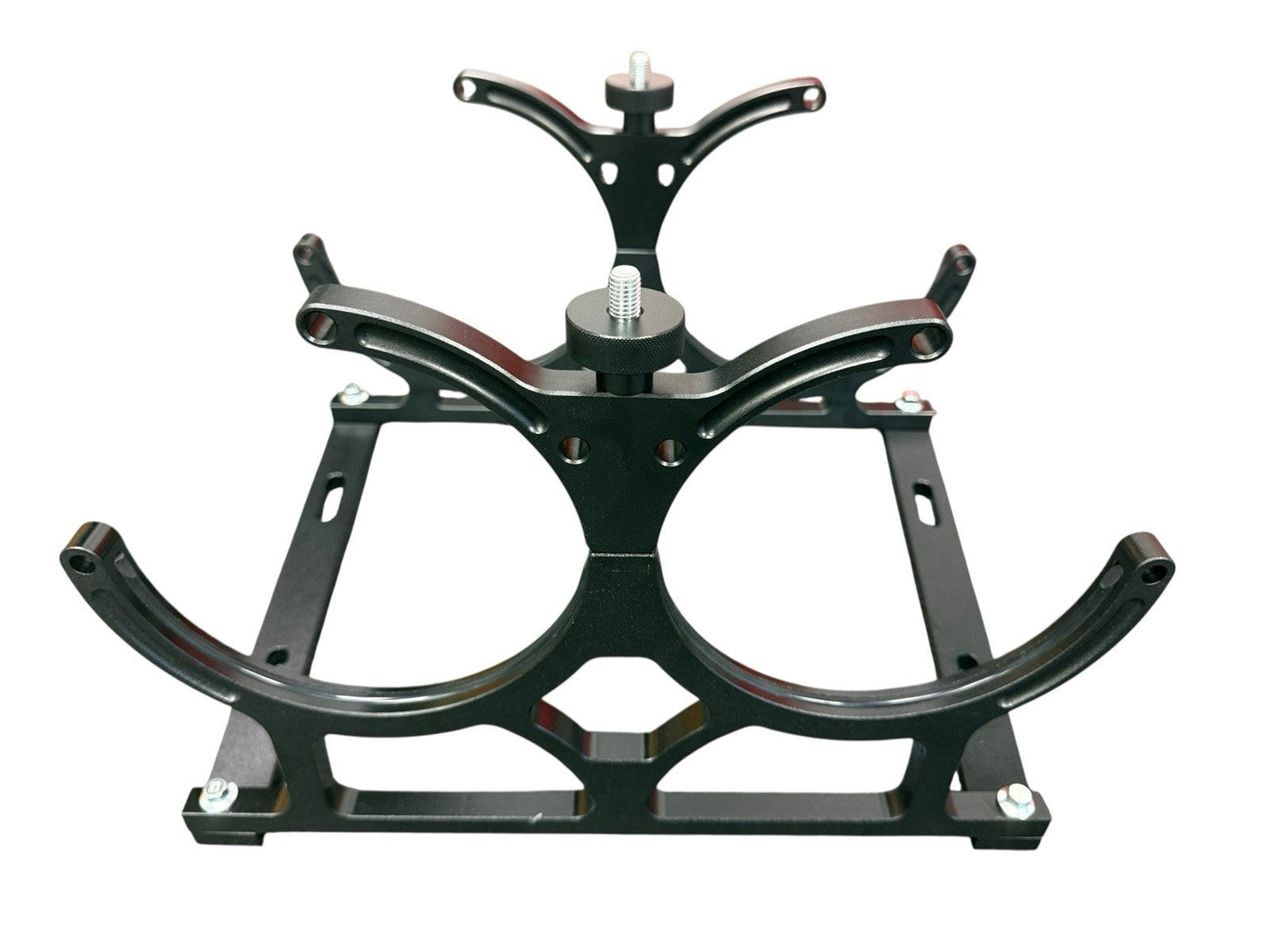 Black billet aluminum dual bottle holder bracket for nitrous oxide bottles by JackSpania Racing, designed for exterior installation.