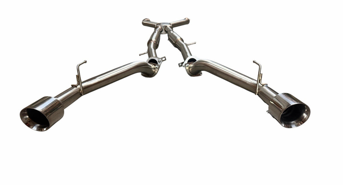 Dual 3-inch cat back exhaust muffler system for 2016-2023 Infiniti Q50 and Q60 3.0T RWD by JackSpania Racing, with polished metal finish.