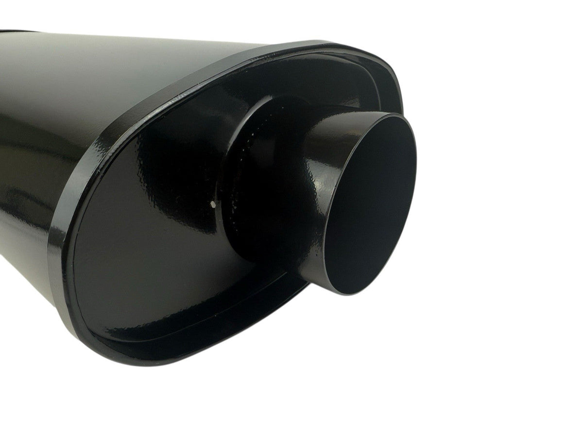 Black JackSpania Racing single wall universal short tip muffler with 3-inch inlet and 3.5-inch outlet for exhaust system upgrade.