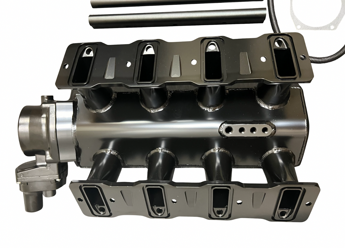LS Low Profile Metal Intake Manifold for LS1, LS2, LS6 engines by Jack Spania Racing, featuring 92mm and 102mm cathedral ports.