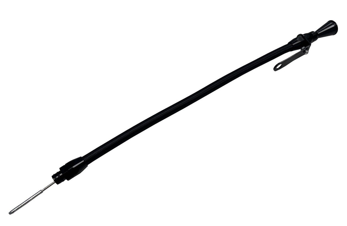 Billet aluminum JZ engine steel braided oil dipstick for 1JZ and 2JZ Supra swap, by JackSpania Racing, showing the braided cable and metal handle.
