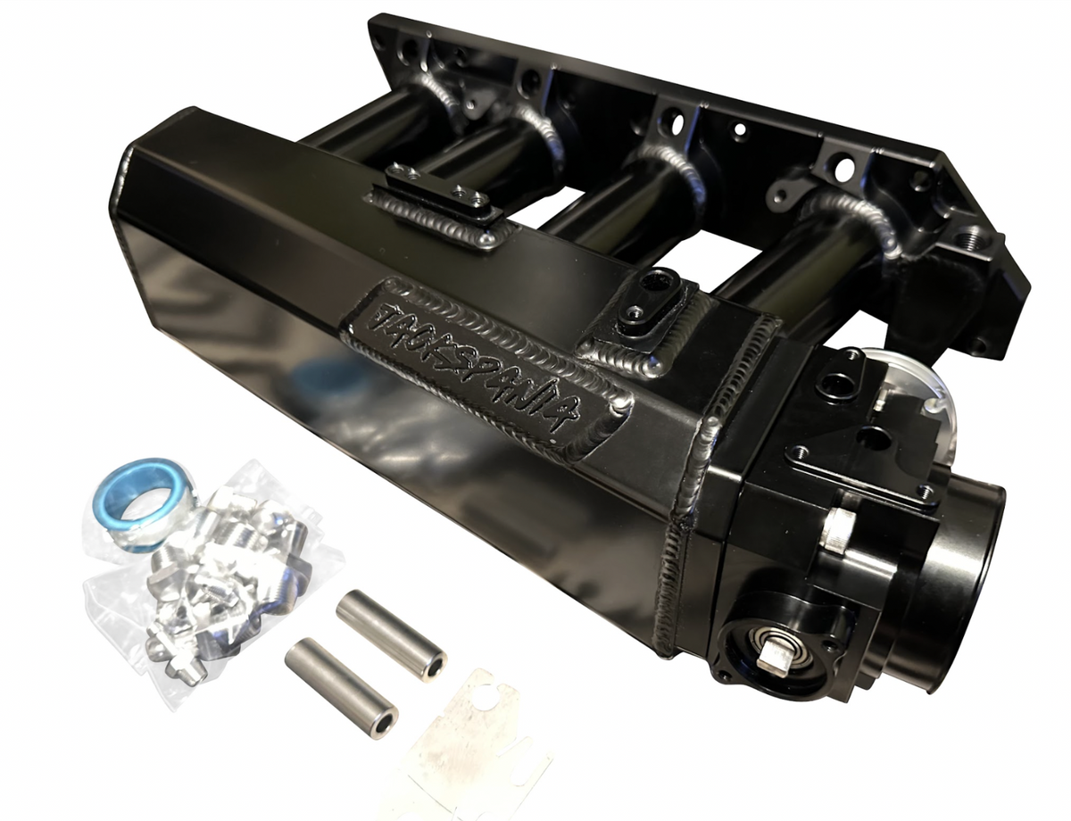 Jack Spania Racing K Series sheet metal intake manifold for K20Z3, K24, K Swap engines, shown on engine part.