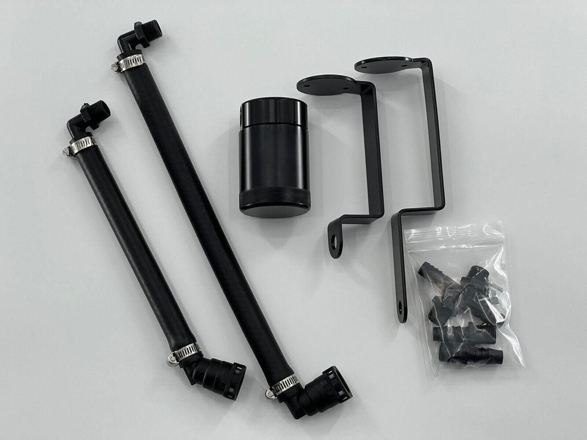 Jack Spania Racing oil separator catch can for Dodge Durango Hellcat Trackhawk 6.2 supercharged engine parts, shown installed on engine.