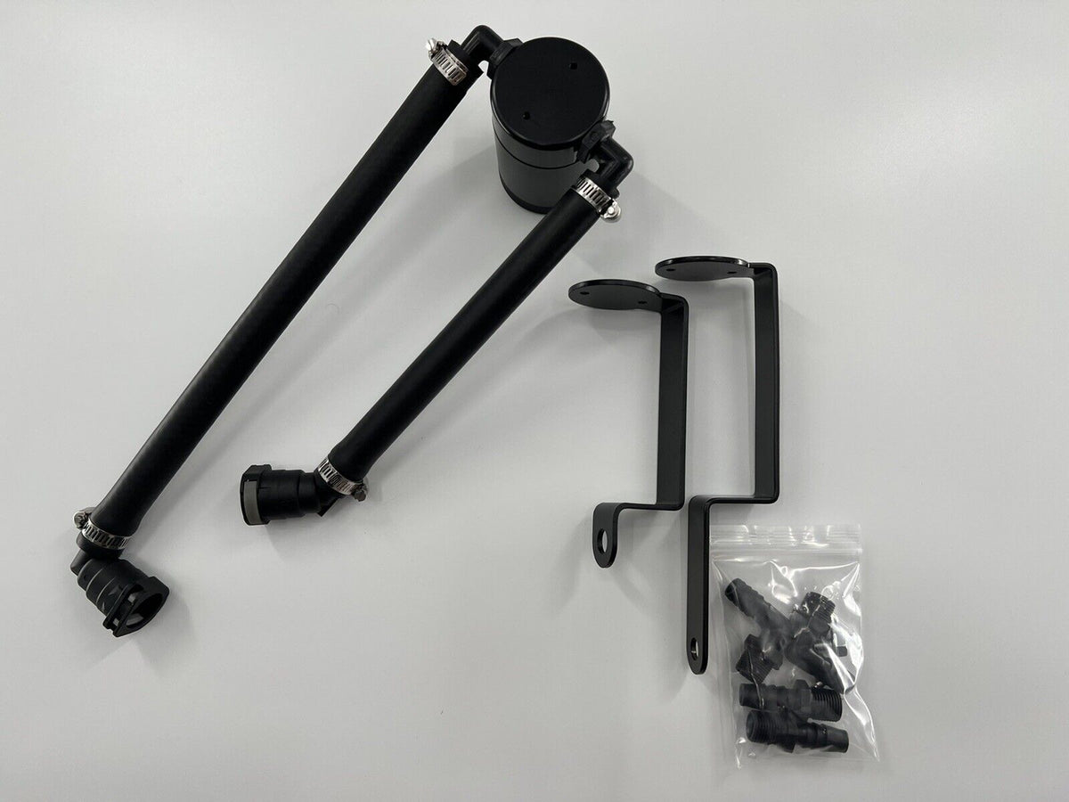 Jack Spania Racing oil separator catch can for 6.2 Supercharged Dodge Durango Hellcat Trackhawk engine, mounted on the engine bay.