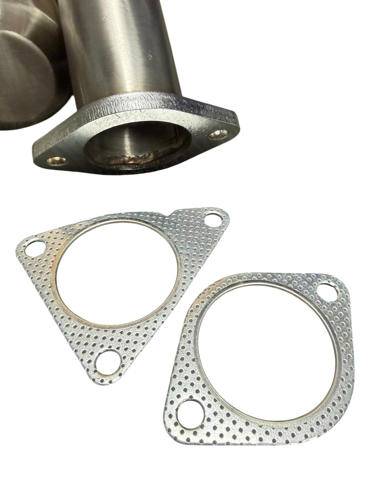 Nissan 350Z/370Z Infiniti G35/G37 resonated catless Helmholtz downpipe exhaust part by JackSpania Racing, showing the metal pipe and fittings.