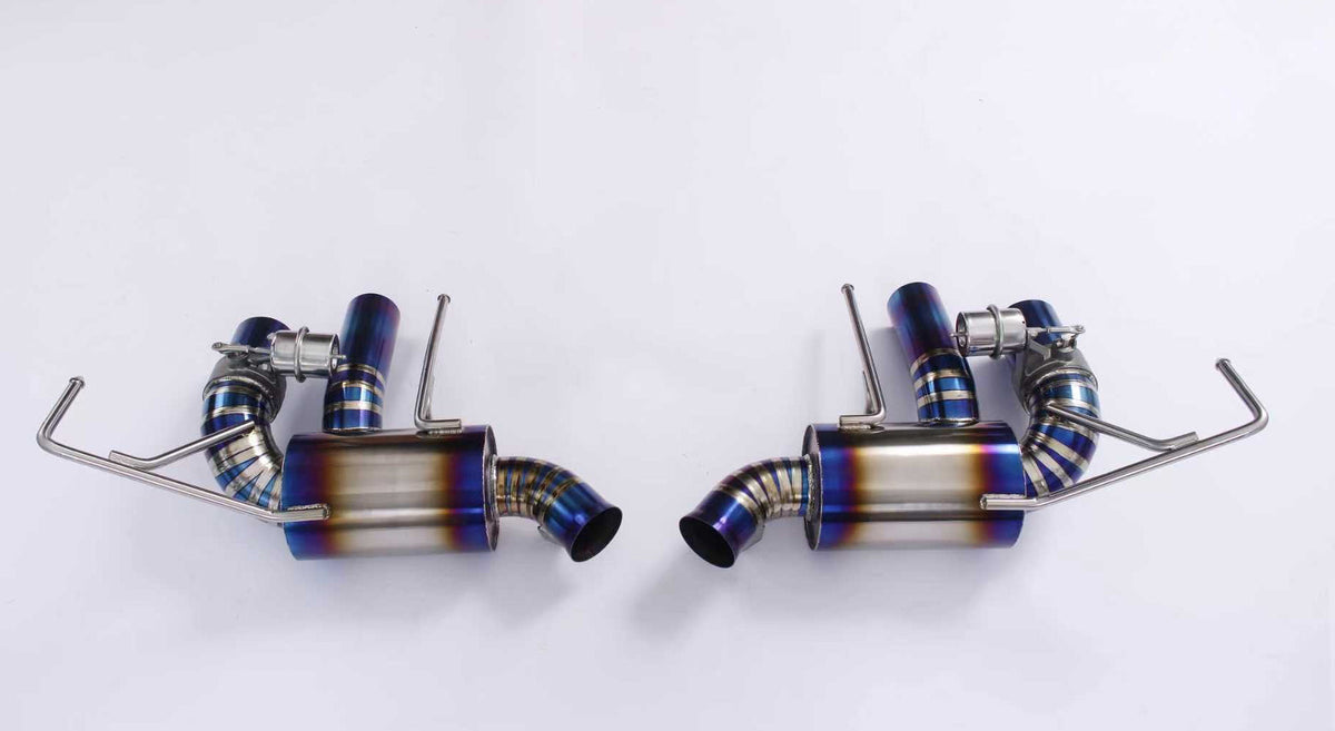 JackSpania Racing Ferrari California 4.3 V8 titanium valved exhaust system with polished mufflers and stainless steel components.