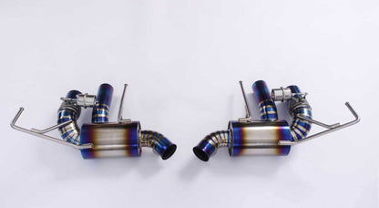JackSpania Racing Ferrari California 4.3 V8 titanium valved exhaust system with polished mufflers and stainless steel components.