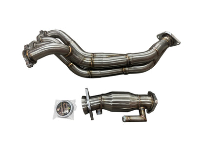 JackSpania Racing K Series header for Honda CR-V RD4 2002-2006 K24 engine, catted exhaust part with metallic finish.
