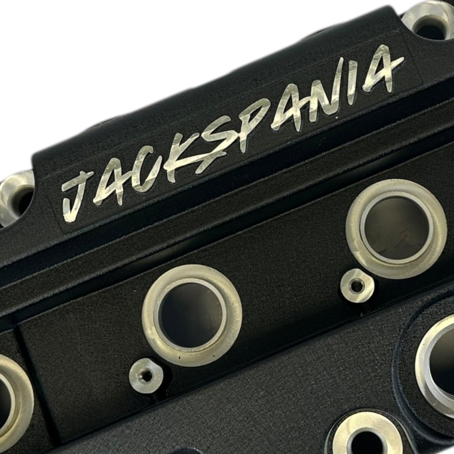 Cast aluminum K Series vented valve cover baffle for Honda Acura K20 K24 engines, by Jack Spania Racing, with AN10 fitting.