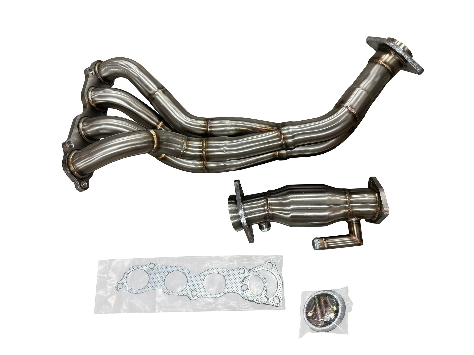 JackSpania Racing K Series header for Honda CR-V RD4 2002-2006 K24 engine, catted exhaust part with detailed metal construction.