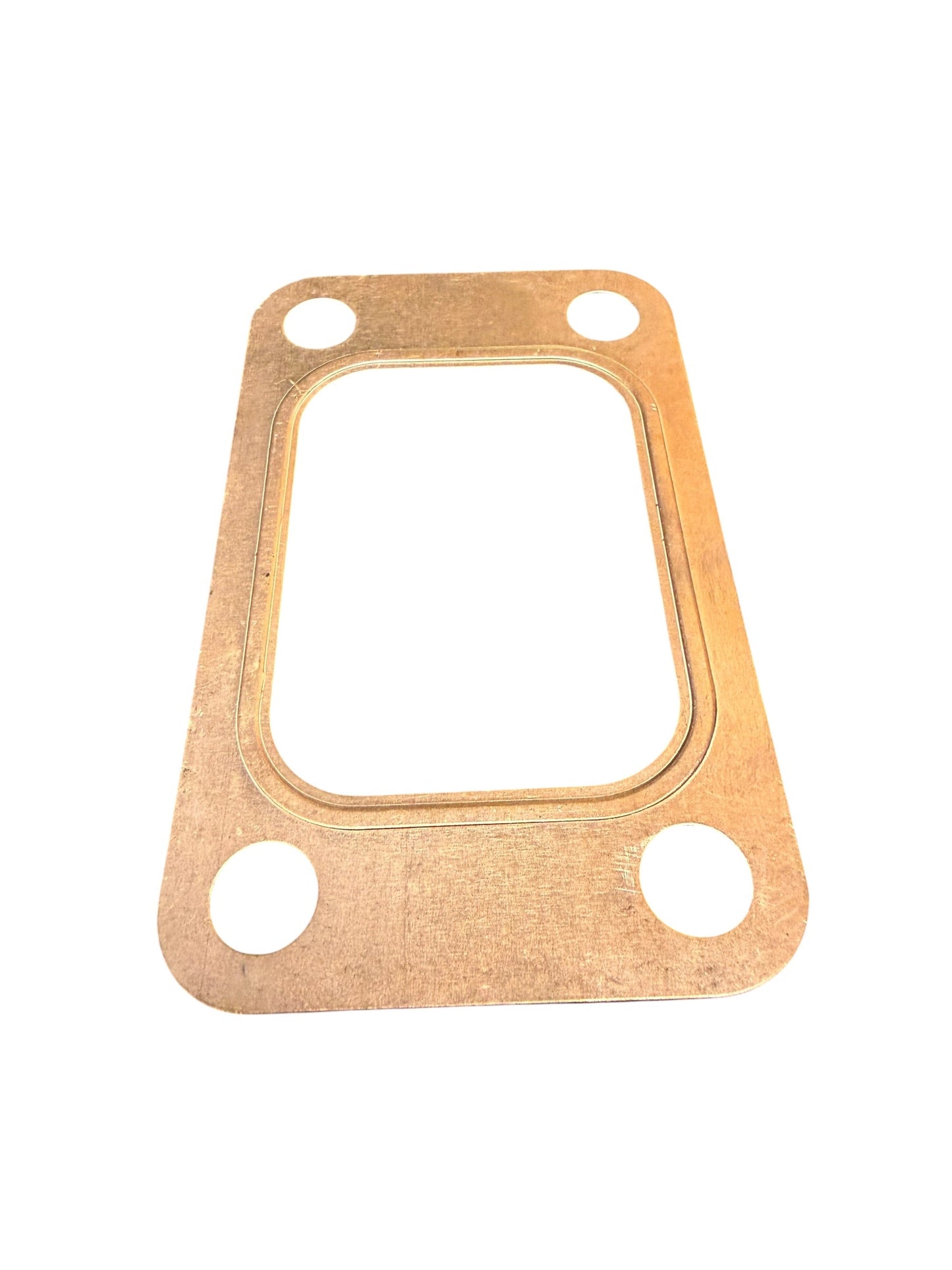 Embossed copper turbo flange gasket for T3, T4, T6 turbos by JackSpania Racing, showing detailed embossed surface and flange edges.
