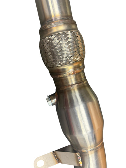 High flow catted downpipe for Ford Fiesta ST MK8 2018-2022, manufactured by JackSpania Racing, designed for exhaust performance.