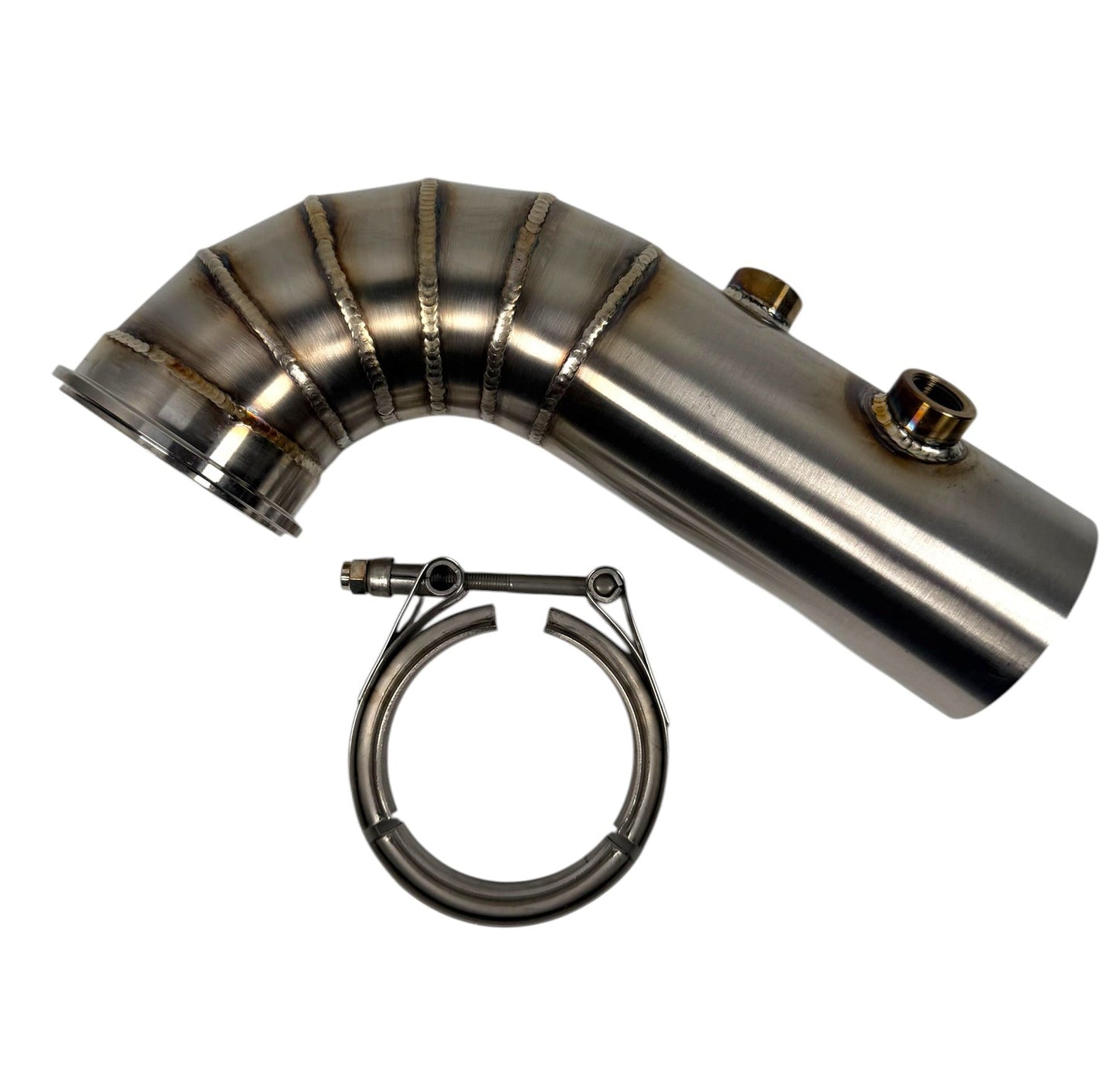 JackSpania Racing 3-inch downpipe with V band turbo flange, exhaust pipe, and O2 bung for Holset and Borgwarner turbos.