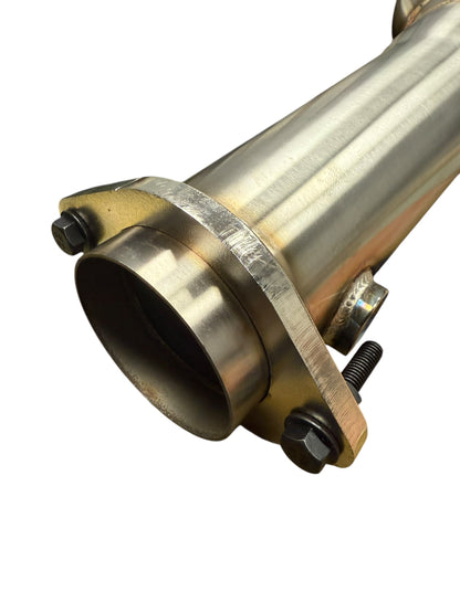 JackSpania Racing high flow non-catted downpipes for BMW S58 M2 G80 M3 G82 M4 G87 M2 exhaust parts, showing polished metal construction.