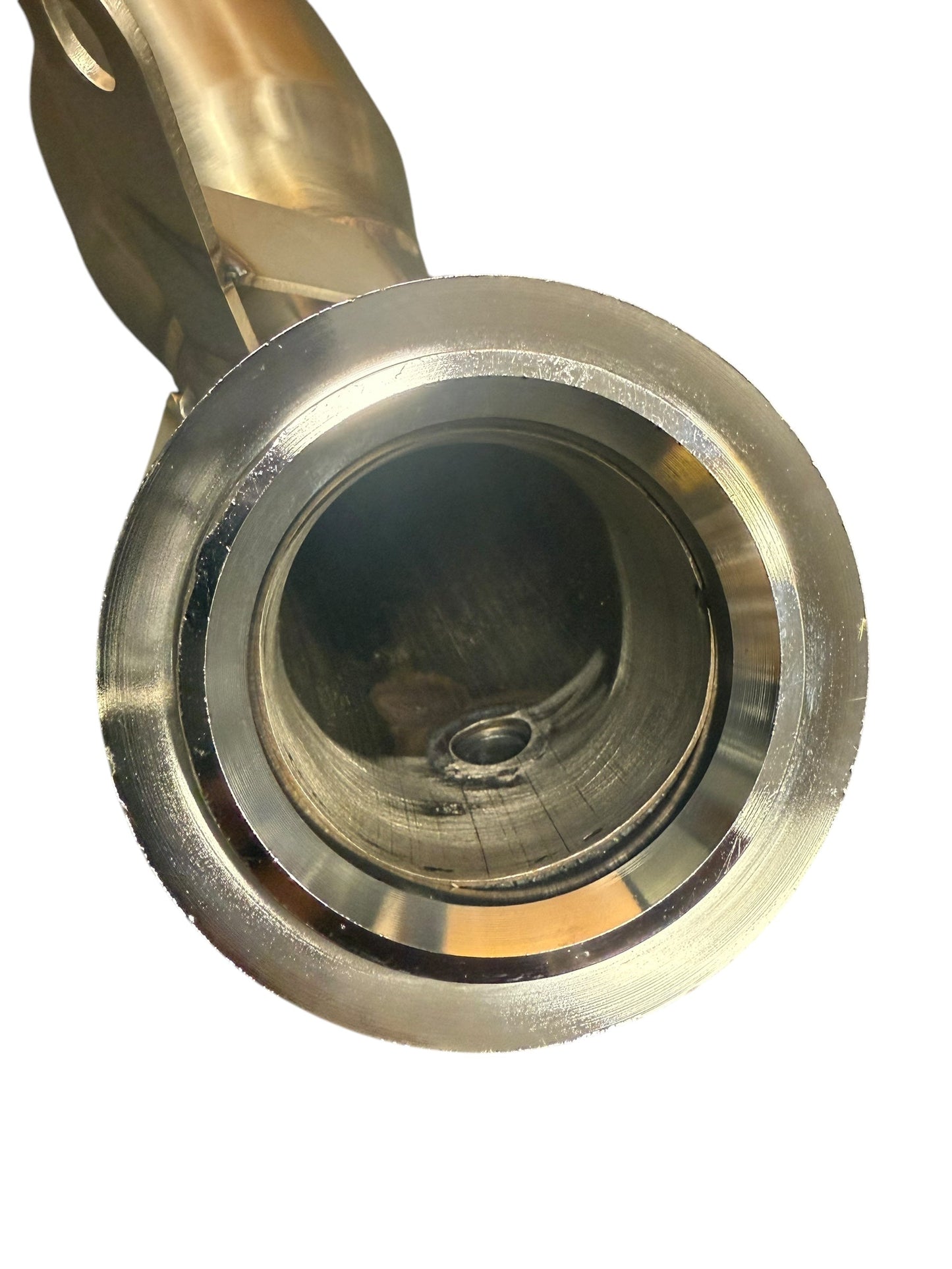 High-flow catted downpipe for Ford Fiesta ST MK8 2018-2022, made by JackSpania Racing, showing the exhaust pipe with polished finish.