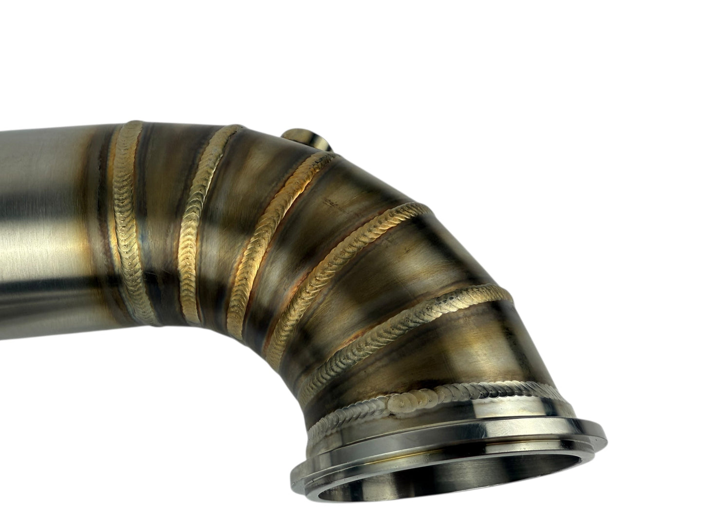 3-inch downpipe with V-band flange for Garrett Holset Borgwarner turbos, featuring 90-degree bend and O2 bung for exhaust systems.
