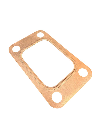 Embossed copper turbo flange gasket for T3, T4, T6 turbos by JackSpania Racing, showing the detailed embossed surface and flange edges.