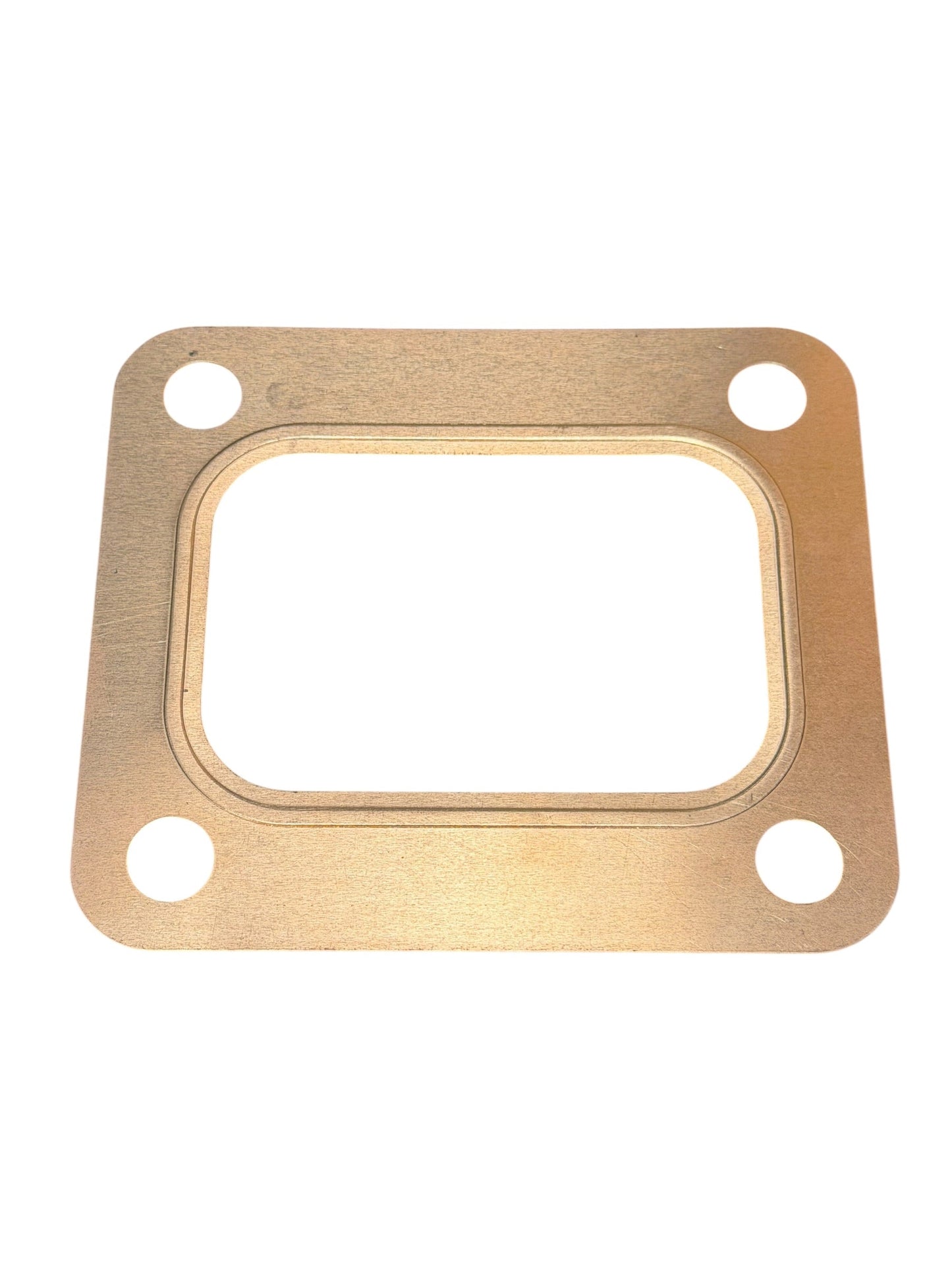 Embossed copper turbo flange gasket for T3, T4, T6 turbos by JackSpania Racing, showing detailed metal surface and flange edges.