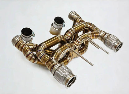 JackSpania Racing McLaren 720S titanium valved exhaust system installed on a car, showcasing the high-performance exhaust parts.