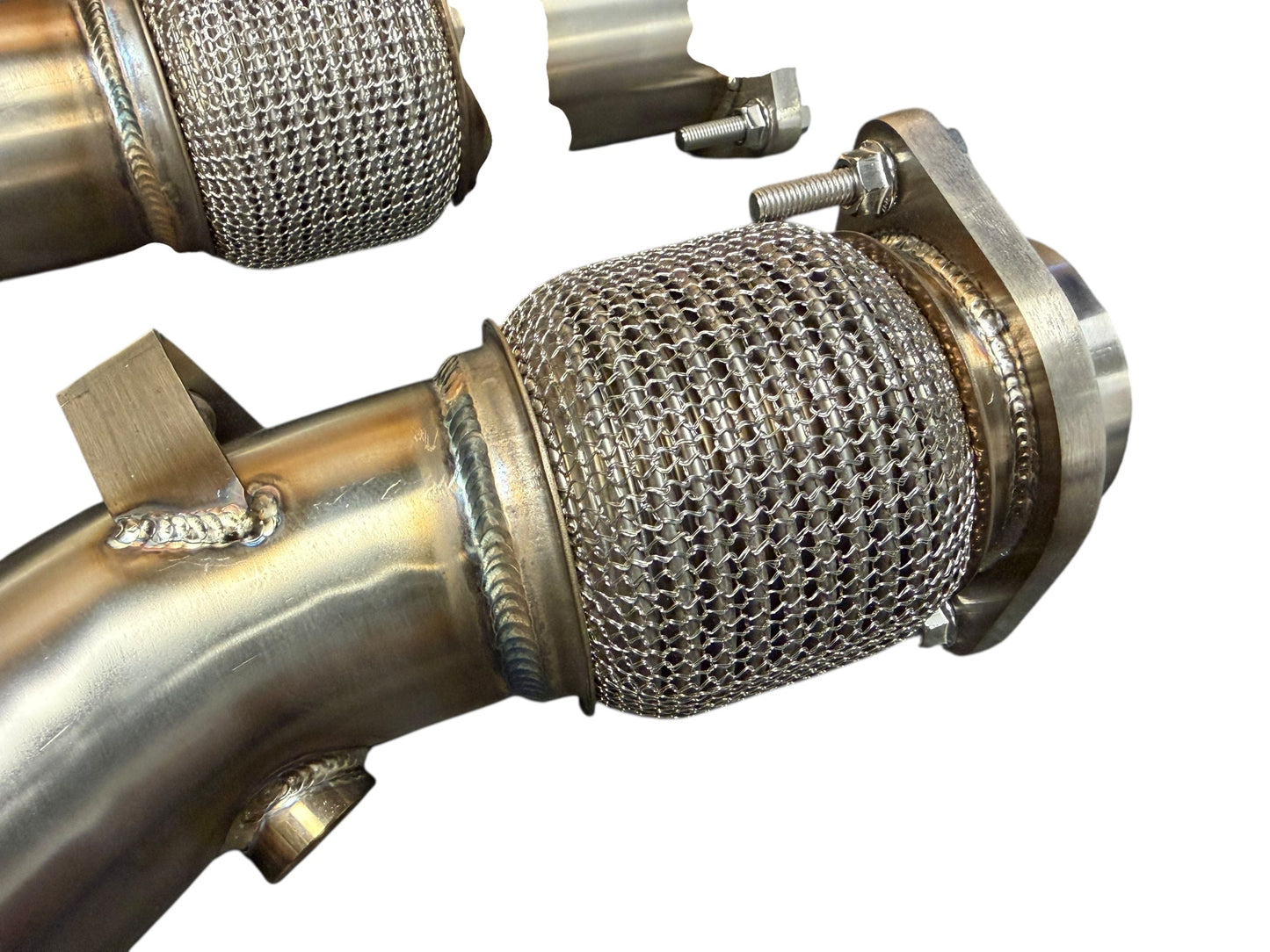 Downpipe for 2019+ BMW F97 X3M F98 X4M S58 3.0T exhaust parts by JackSpania Racing, showing the metal pipe and fittings.