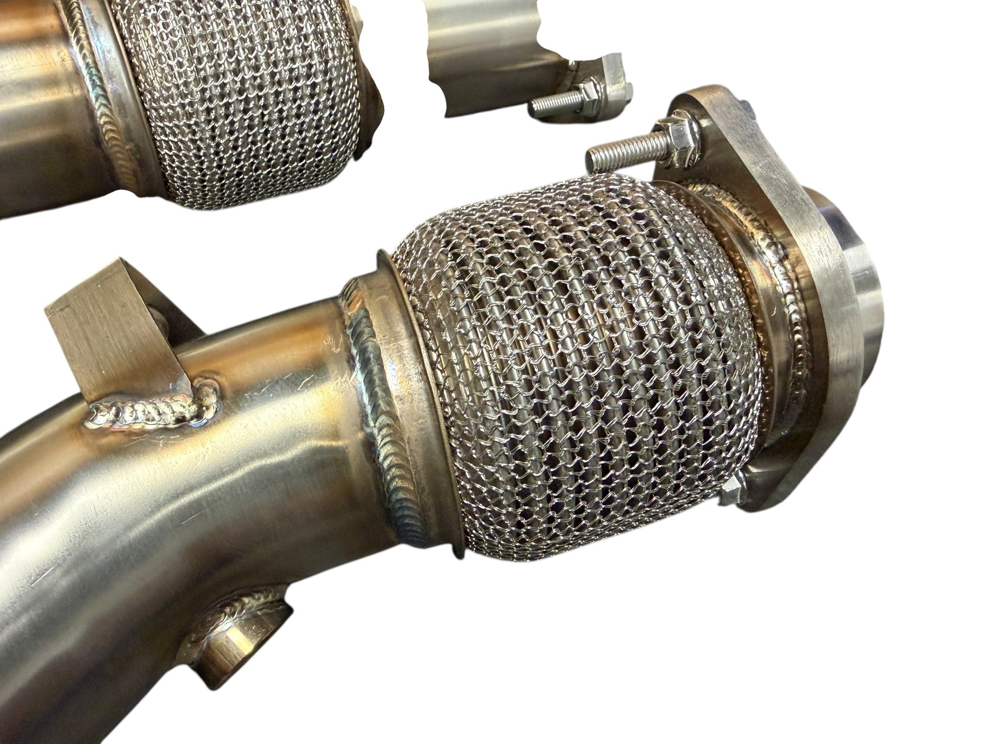 Downpipe for 2019+ BMW F97 X3M F98 X4M S58 3.0T exhaust parts by JackSpania Racing, showing the metal pipe and fittings.