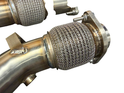 Downpipe for 2019+ BMW F97 X3M F98 X4M S58 3.0T exhaust parts by JackSpania Racing, showing the metal pipe and fittings.