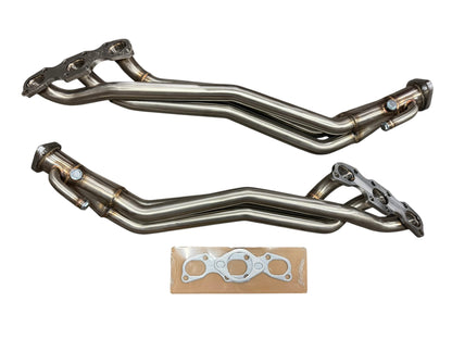 Stainless steel JackSpania Racing long tube headers for Nissan VQ35DE engines in 350Z, 370Z, G35, G37, and Infiniti models.
