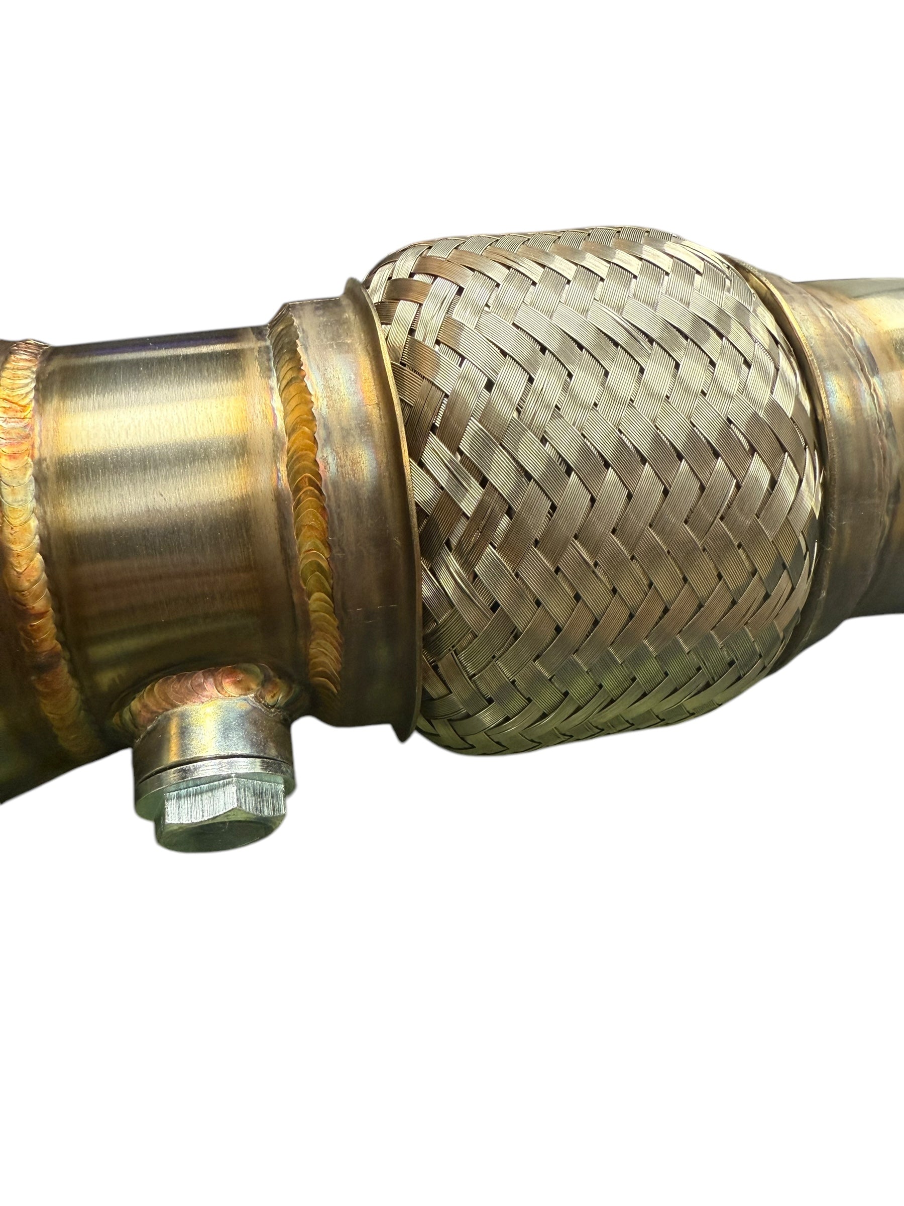 Ford Focus RS high flow catted downpipe exhaust part by JackSpania Racing, showing the metallic downpipe with catalytic converter components.