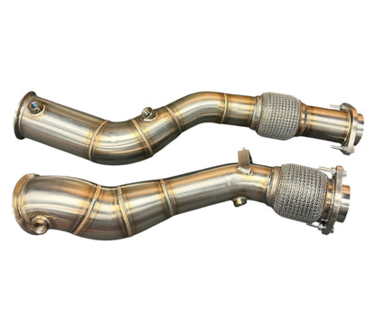 JackSpania Racing downpipe for 2019+ BMW F97 X3M and F98 X4M with S58 3.0T engine, exhaust pipe part with metallic finish.