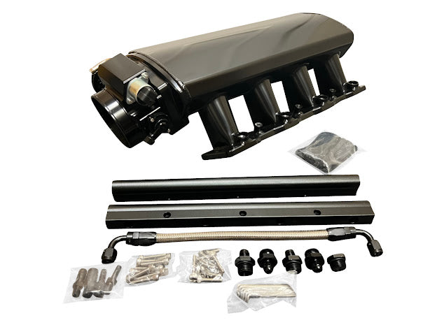 LS Low Profile Metal Fabricated Intake Manifold for LS1, LS2, LS6 engines by JackSpania Racing, featuring 92mm and 102mm cathedral ports.