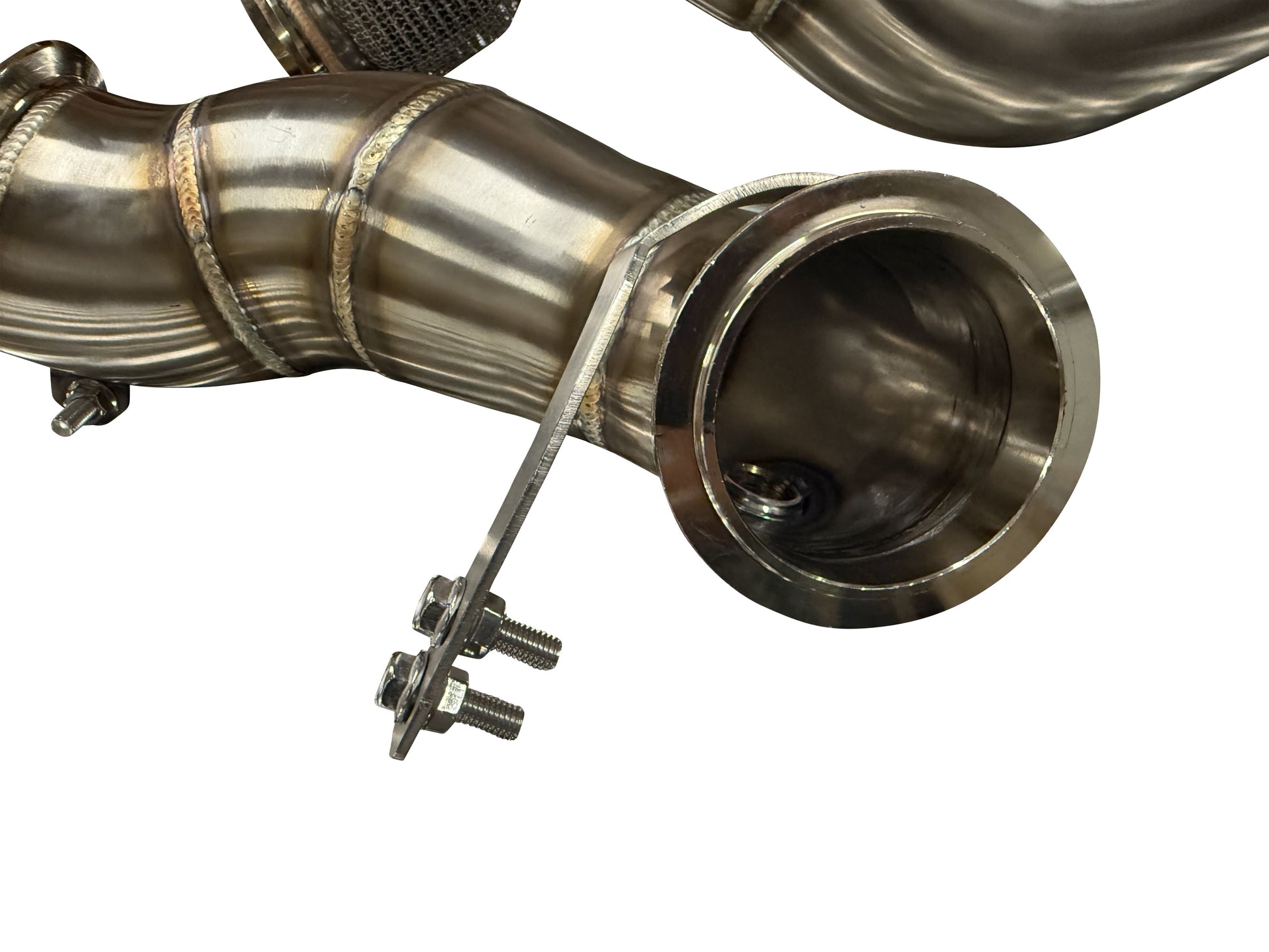 BMW F90 M5 F91 F92 F93 M8 engine downpipe and midpipe from JackSpania Racing, showing shiny metal components and exhaust pipes.