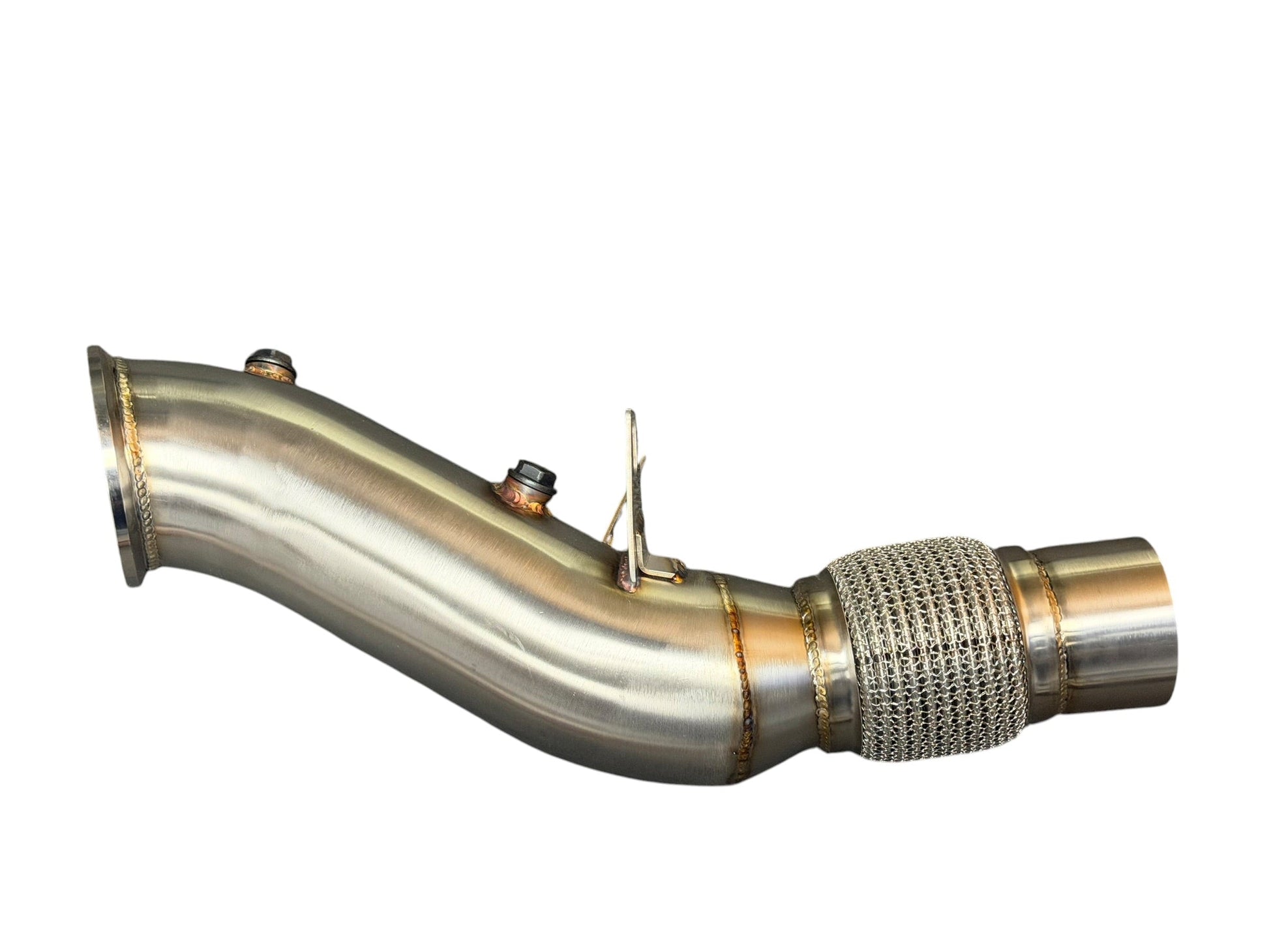 BMW B48 catless performance downpipe by JackSpania Racing, showing polished exhaust pipe and connectors for 220i, 330i, 420i, 430i, X1, X2, Z4.