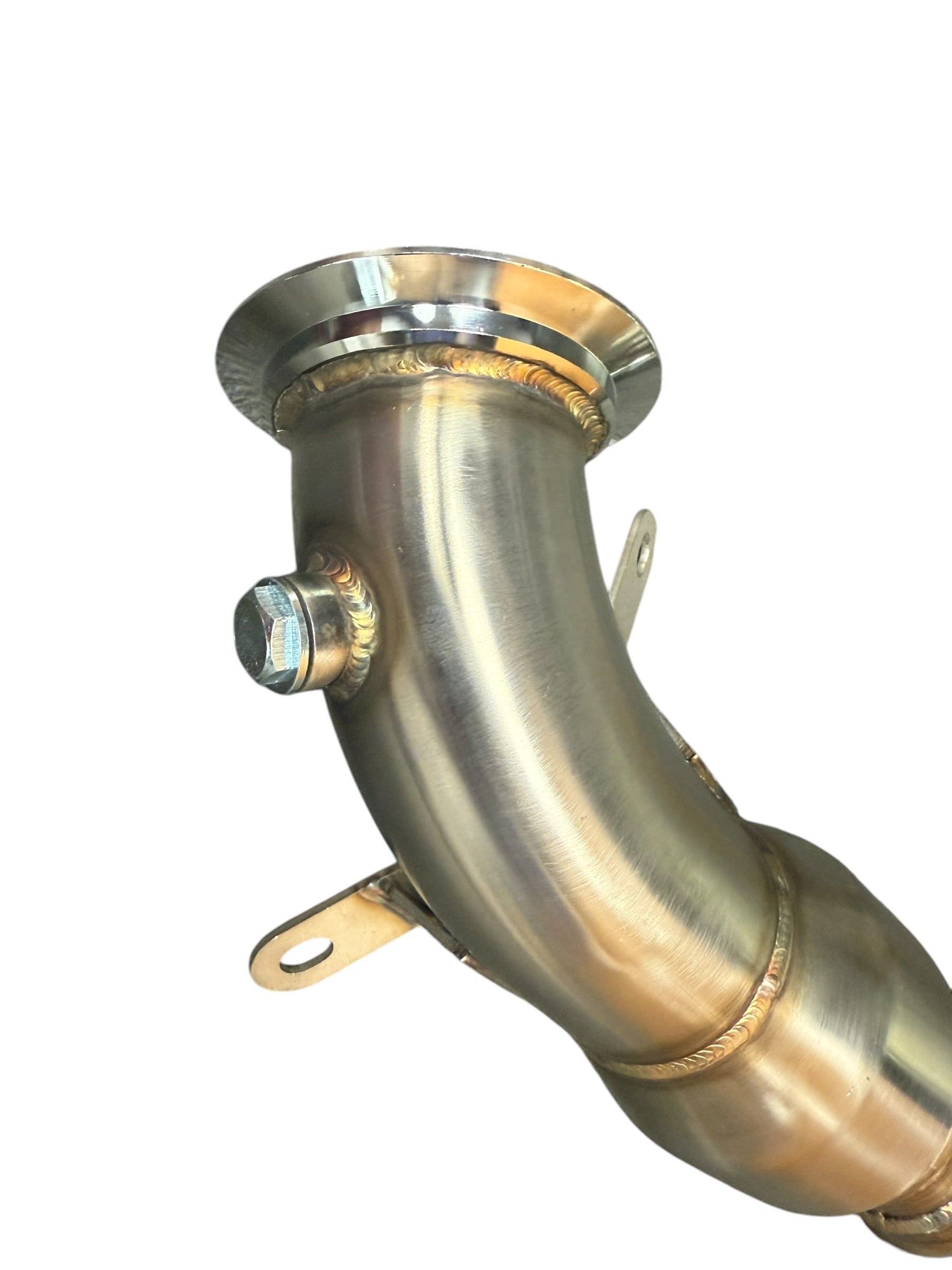 High flow catted downpipe for Ford Fiesta ST MK8 2018-2022, exhaust part by JackSpania Racing, showing the metal pipe with fittings.