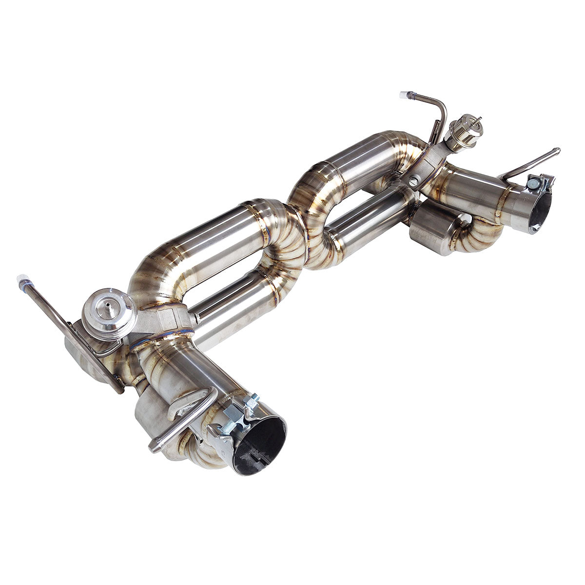 Ferrari 488 GTB titanium valved exhaust system by JackSpania Racing, showing polished metal exhaust pipes and valves.