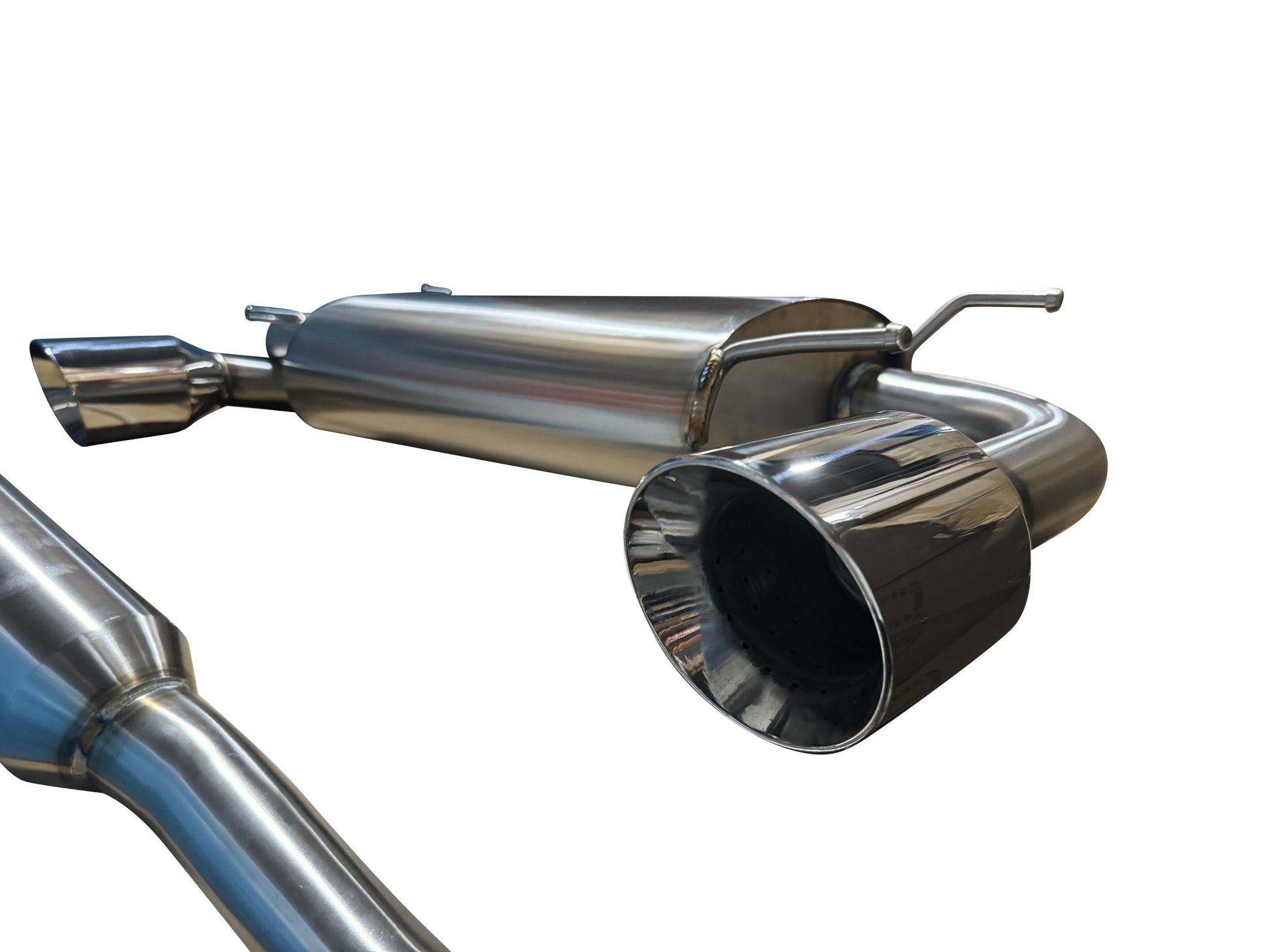 JackSpania Racing catback exhaust for 2013-2020 Subaru BRZ, Scion FR-S, and AE86 with resonator muffler, showing polished metal parts.