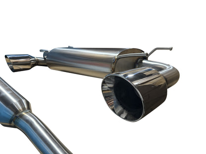 JackSpania Racing catback exhaust for 2013-2020 Subaru BRZ, Scion FR-S, and AE86 with resonator muffler, showing polished metal parts.