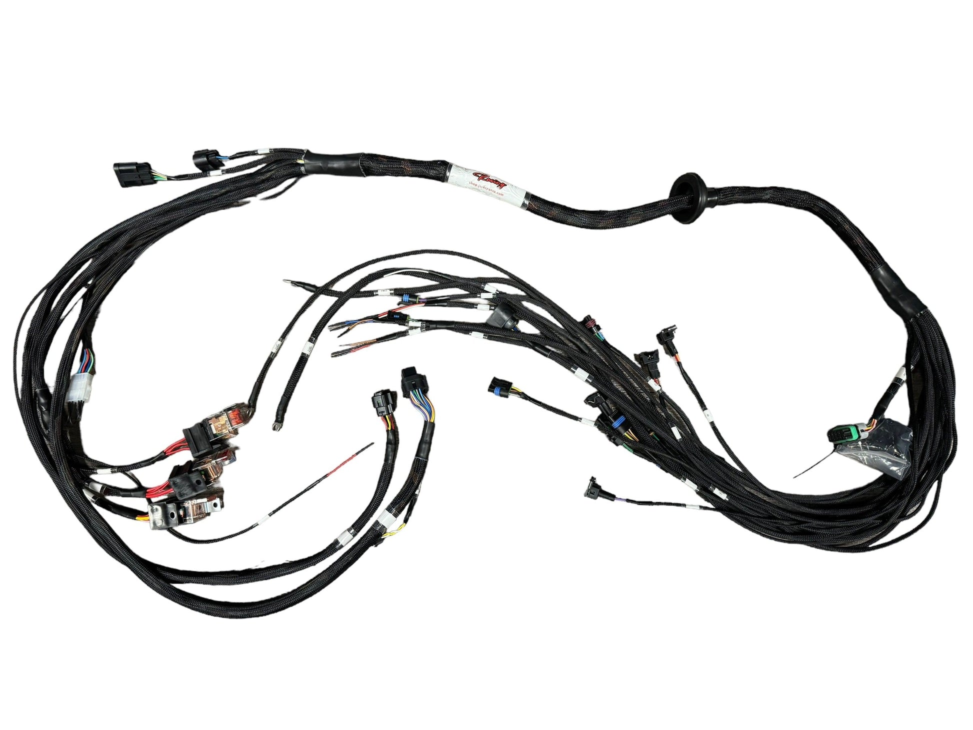 Universal JackSpania Racing engine harness for FuelTech FT450 and FT550 ECU, compatible with 4-cylinder engine displays.