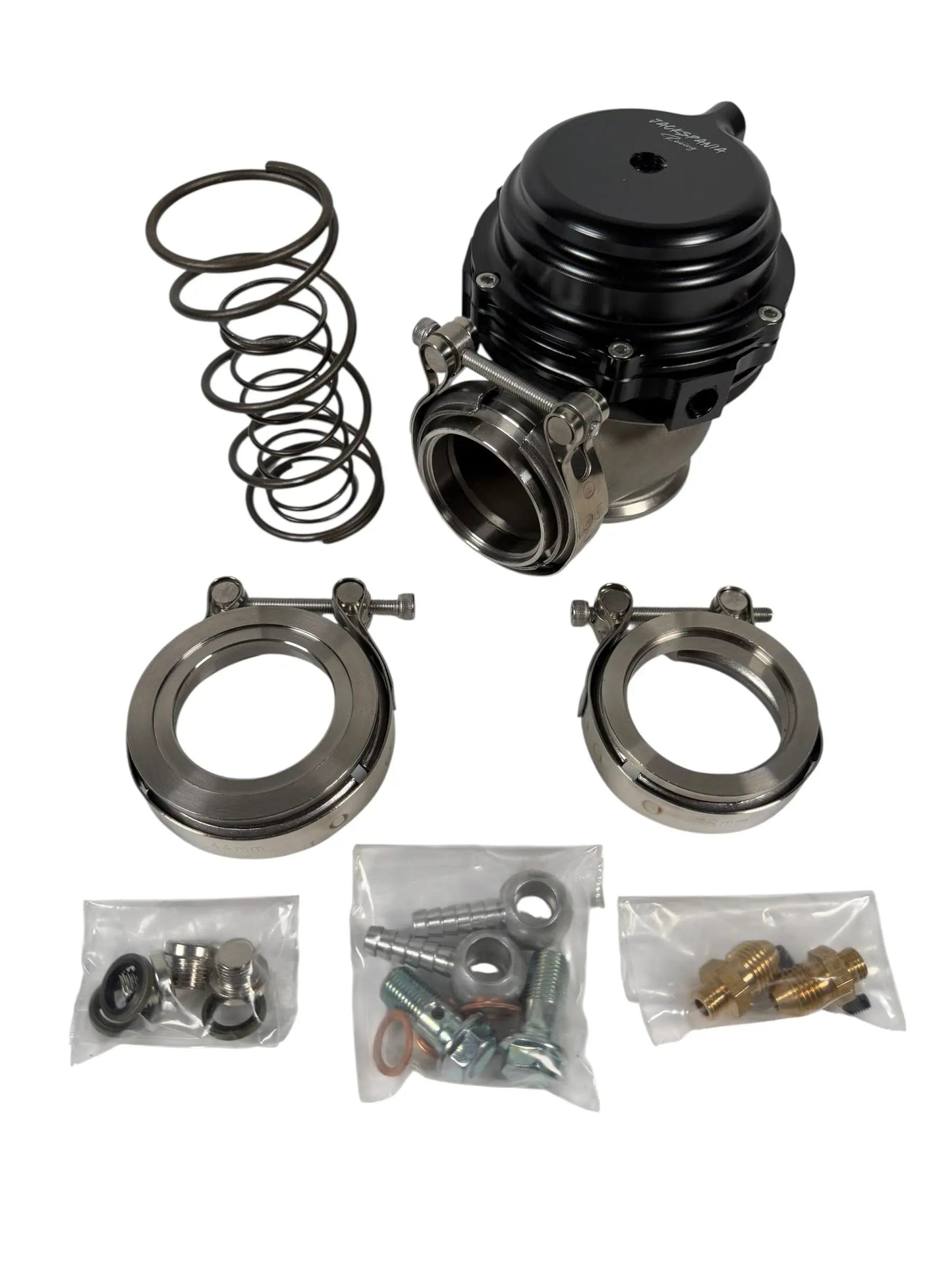 JSR 44mm external wastegate with MV-R V-band flange for turbochargers, from Jack Spania Racing, shown with mounting details.